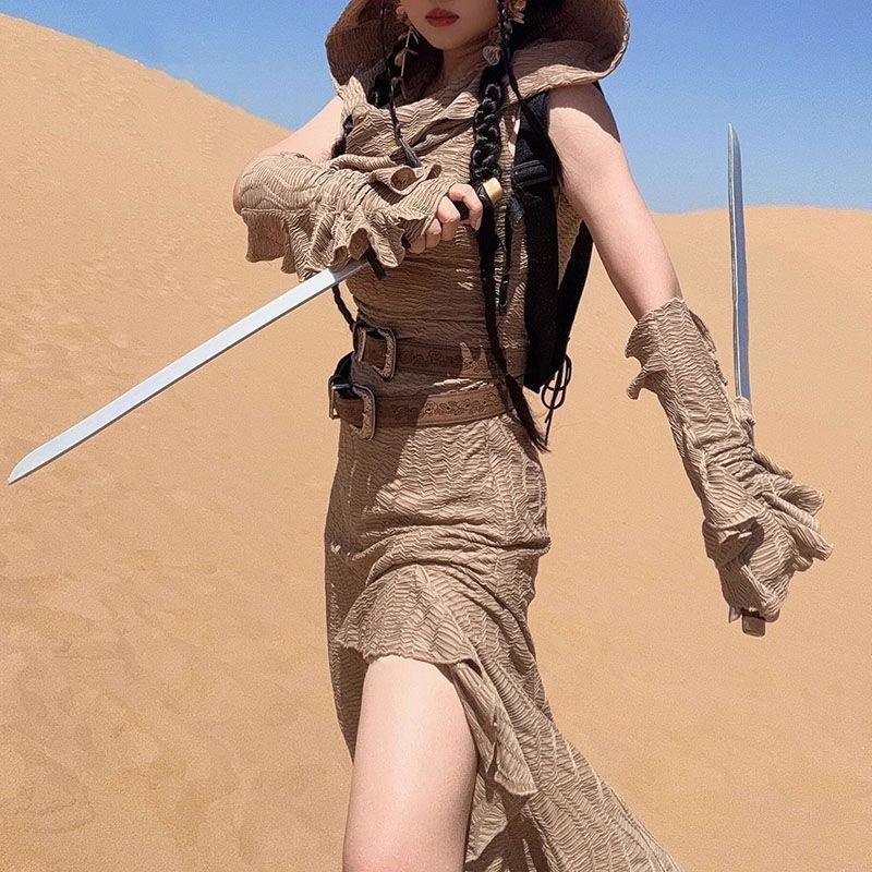 Ancient Tribal Dune Culture Wasteland Punk Vintage Hoodie Split Ruffle Dress - Image 2