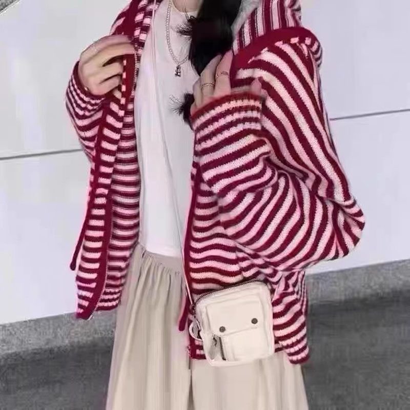 Candy Colorblock Multi Stripes Zipper Cardigan With Hood - Image 3