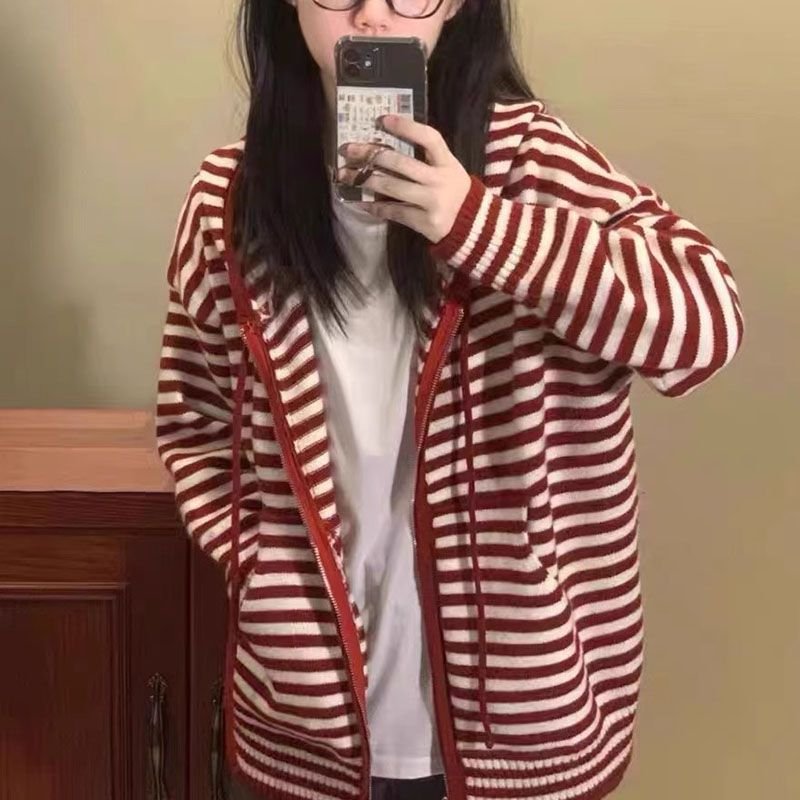 Candy Colorblock Multi Stripes Zipper Cardigan With Hood - Image 10