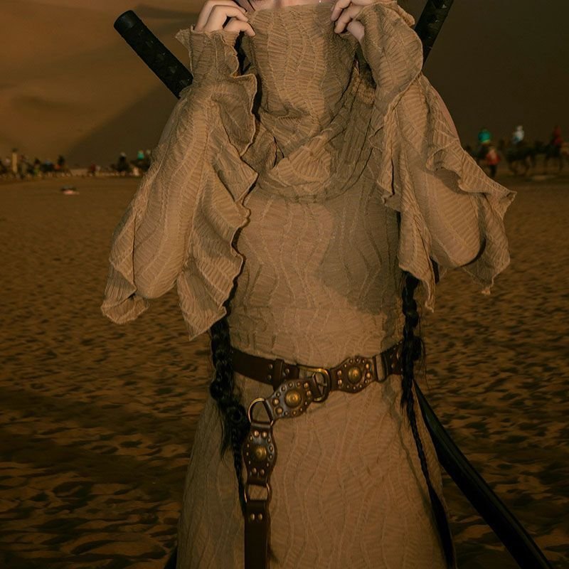 Ancient Tribal Dune Culture Wasteland Punk Vintage Hoodie Split Ruffle Dress - Image 6