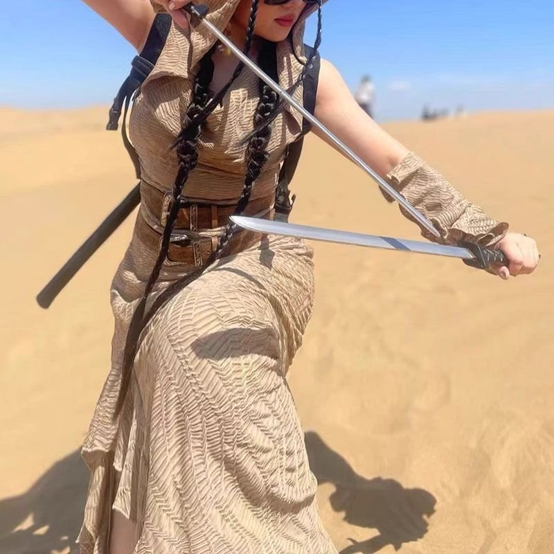 Ancient Tribal Dune Culture Wasteland Punk Vintage Hoodie Split Ruffle Dress - Image 21