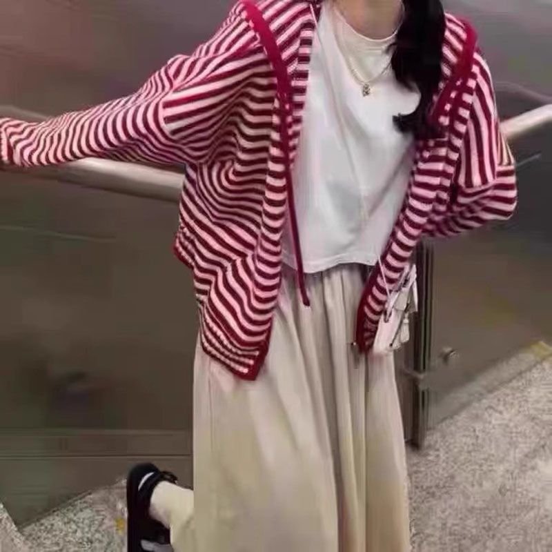 Candy Colorblock Multi Stripes Zipper Cardigan With Hood - Image 4