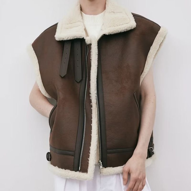 Oversized Pleather Faux Fur Shearling Vest Jacket Fur Collar - Image 4