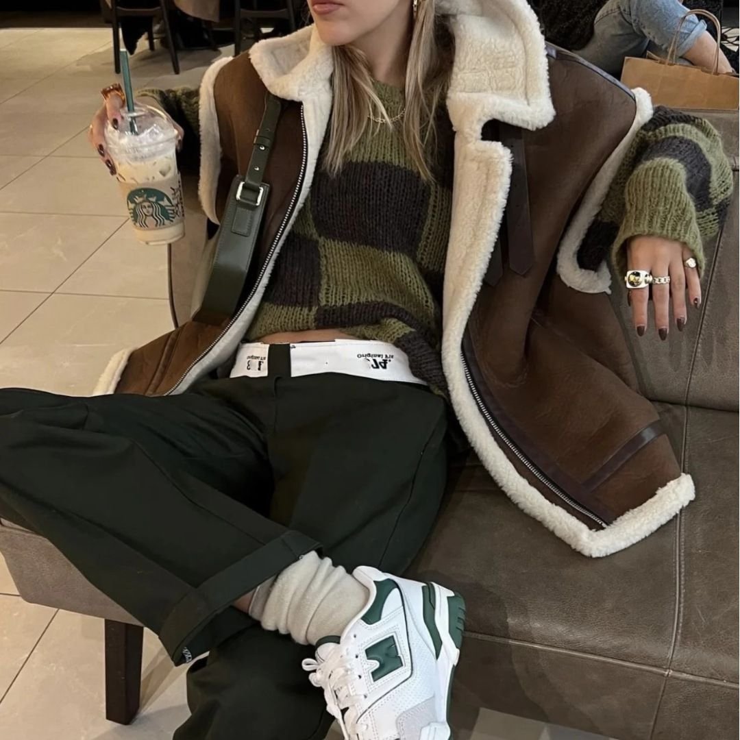 Oversized Pleather Faux Fur Shearling Vest Jacket Fur Collar - Image 2