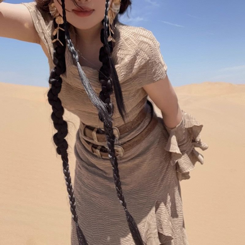 Ancient Tribal Dune Culture Wasteland Punk Vintage Hoodie Split Ruffle Dress - Image 24