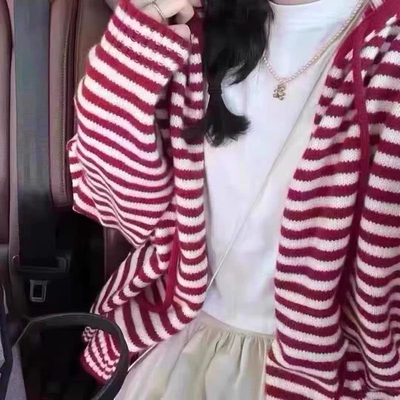 Candy Colorblock Multi Stripes Zipper Cardigan With Hood - Image 2