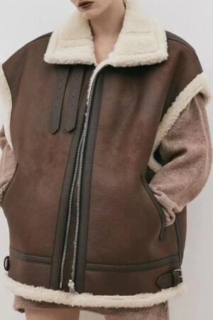 Oversized Pleather Faux Fur Shearling Vest Jacket Fur Collar