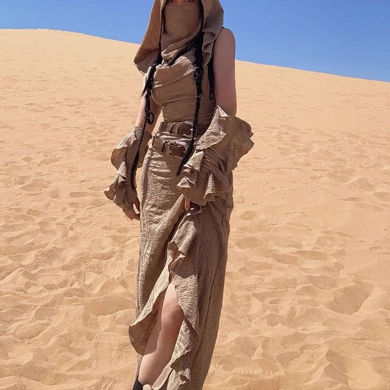 Ancient Tribal Dune Culture Wasteland Punk Vintage Hoodie Split Ruffle Dress - Image 7