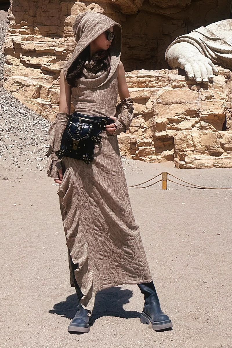 Ancient Tribal Dune Culture Wasteland Punk Vintage Hoodie Split Ruffle Dress - Image 27