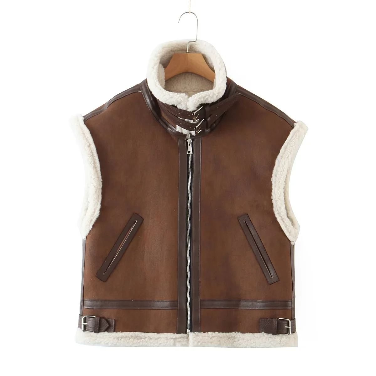 Oversized Pleather Faux Fur Shearling Vest Jacket Fur Collar - Image 5