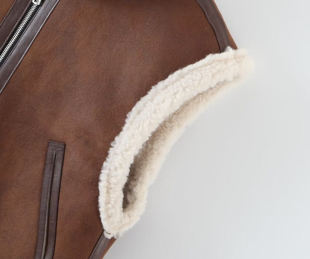 Oversized Pleather Faux Fur Shearling Vest Jacket Fur Collar - Image 9