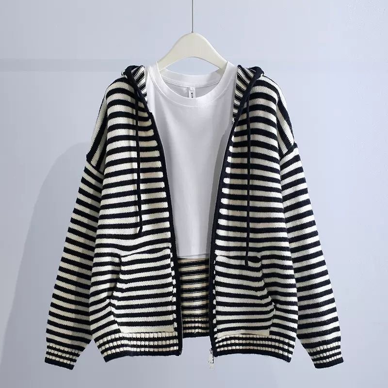 Candy Colorblock Multi Stripes Zipper Cardigan With Hood - Image 5