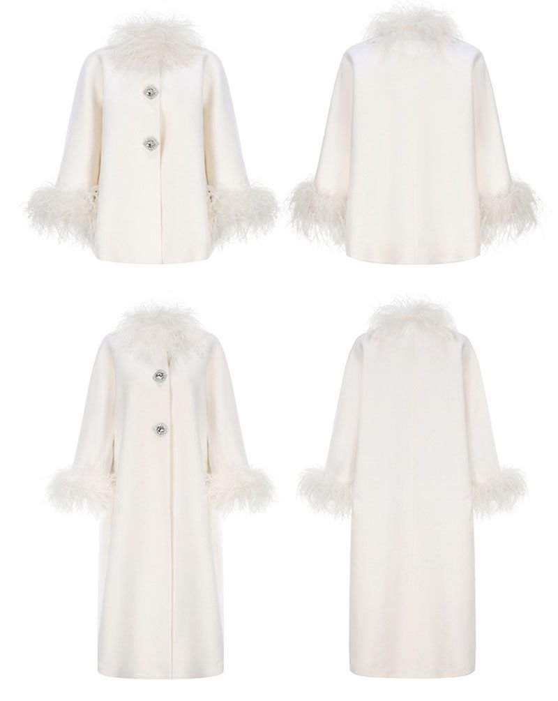 Fluffy Ostrich Feather Collar Woolen Coat - Image 24