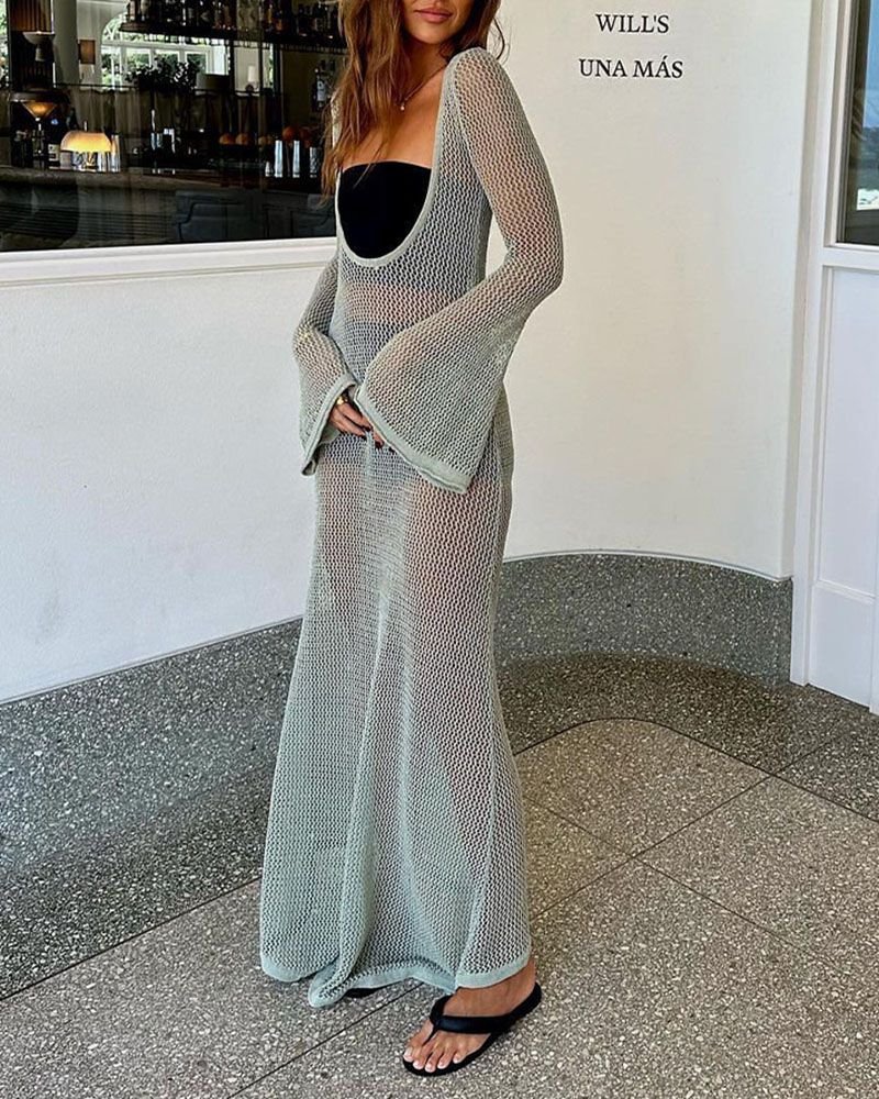 Sheer Crochet Knitted Long Swimsuit Cover Ups Maxi Beach Dress - Image 7