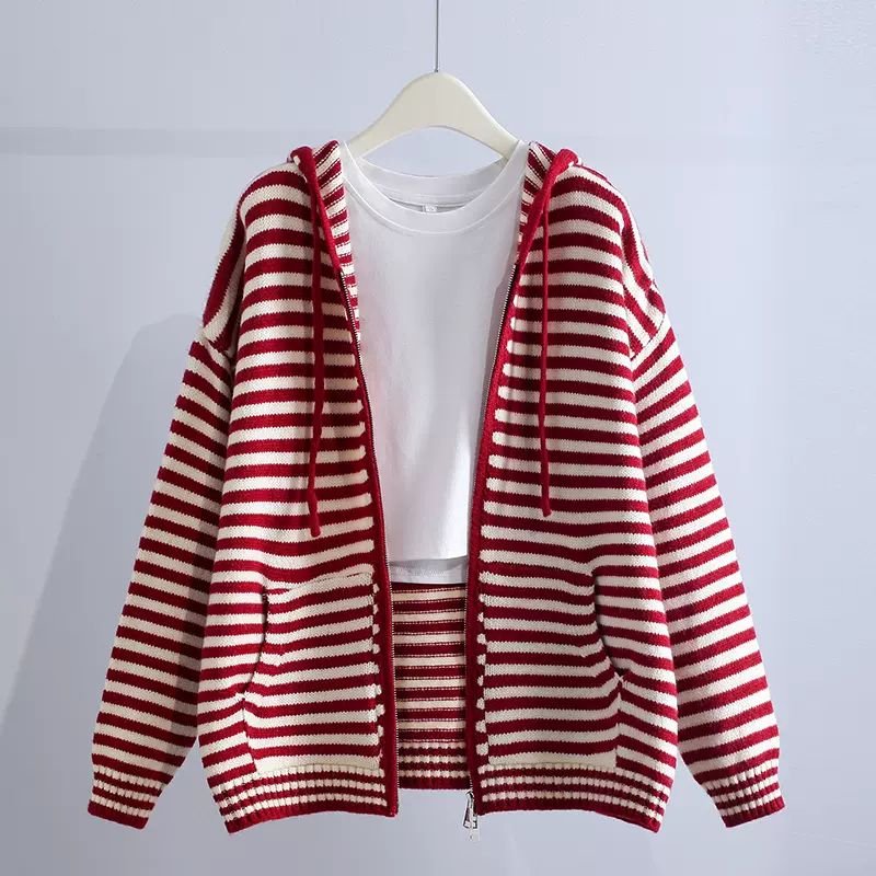 Candy Colorblock Multi Stripes Zipper Cardigan With Hood - Image 12