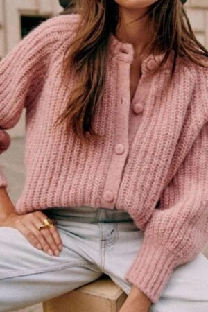 Mottled Pink Ribbed Round Neck Button Up Cardigan Sweater