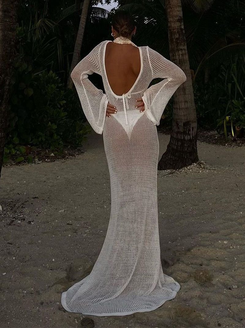 Sheer Crochet Knitted Long Swimsuit Cover Ups Maxi Beach Dress - Image 29