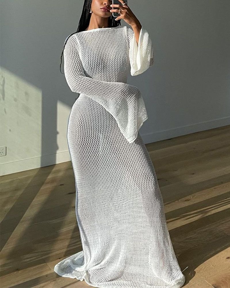 Sheer Crochet Knitted Long Swimsuit Cover Ups Maxi Beach Dress - Image 30