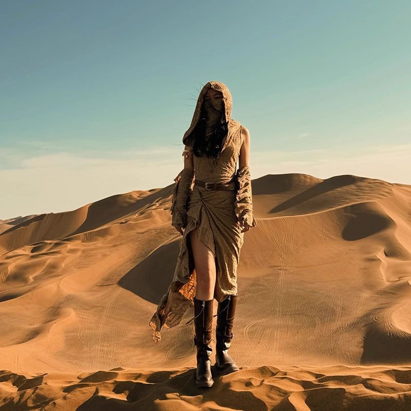 Ancient Tribal Dune Culture Wasteland Punk Vintage Hoodie Split Ruffle Dress - Image 33