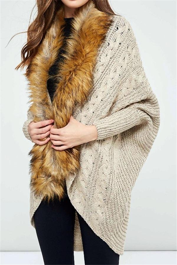 Oversized Furry Fur Collar Trim Batwing Knit Cardigan Sweaters - Image 6