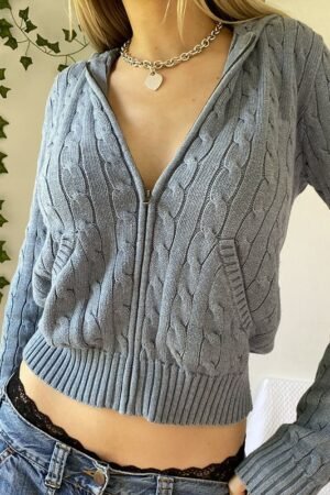 Oversized Fit Ribbed Braids Cable Knit Zip Up Hoodie Sweater Cardigans