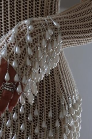 Luxury Semi Mesh Knit Dress With Faux Pearl Beads Fringe