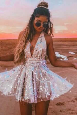 Shiny Tassels Embellished Tulle Plunge Flowy Mini Dress Cross Back