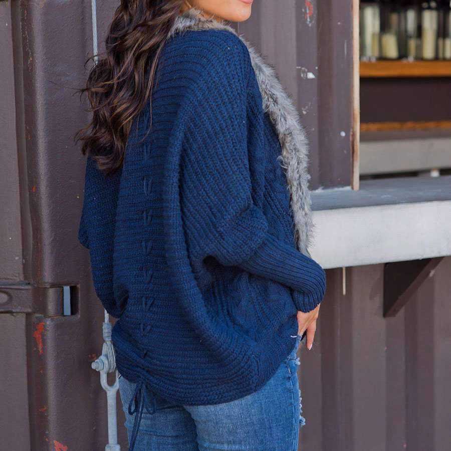 Oversized Furry Fur Collar Trim Batwing Knit Cardigan Sweaters - Image 21