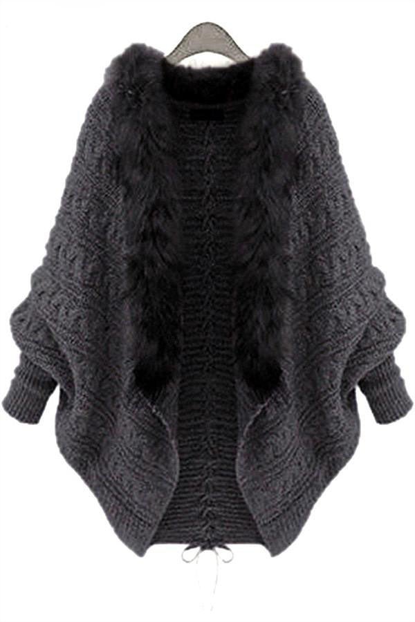 Oversized Furry Fur Collar Trim Batwing Knit Cardigan Sweaters - Image 8
