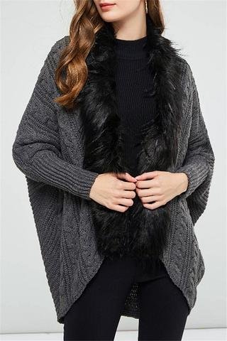 Oversized Furry Fur Collar Trim Batwing Knit Cardigan Sweaters - Image 9