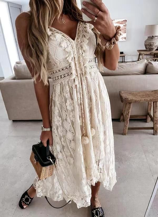 Bohemian Pom Pom Tie Lace High Low White Midi Beach Dress - Image 2