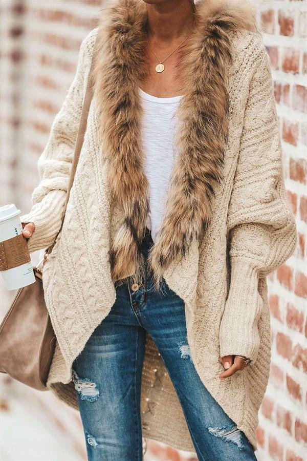Oversized Furry Fur Collar Trim Batwing Knit Cardigan Sweaters - Image 4