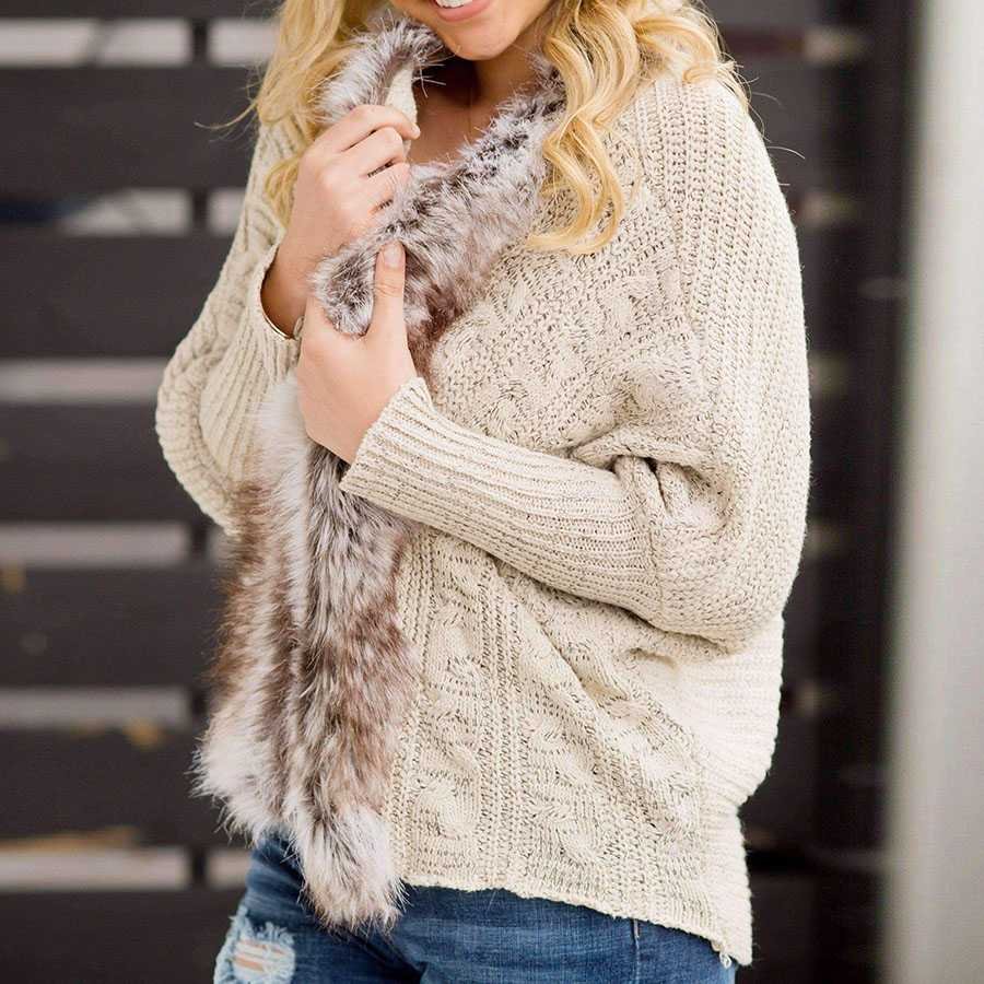 Oversized Furry Fur Collar Trim Batwing Knit Cardigan Sweaters - Image 2