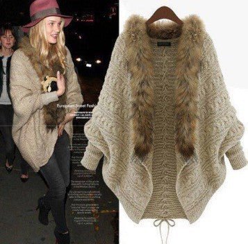 Oversized Furry Fur Collar Trim Batwing Knit Cardigan Sweaters - Image 10