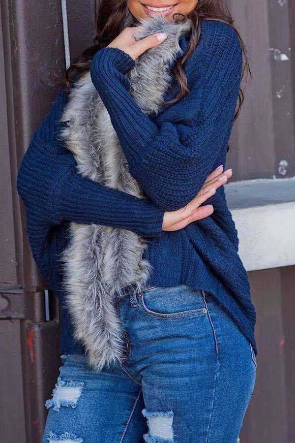 Oversized Furry Fur Collar Trim Batwing Knit Cardigan Sweaters - Image 18