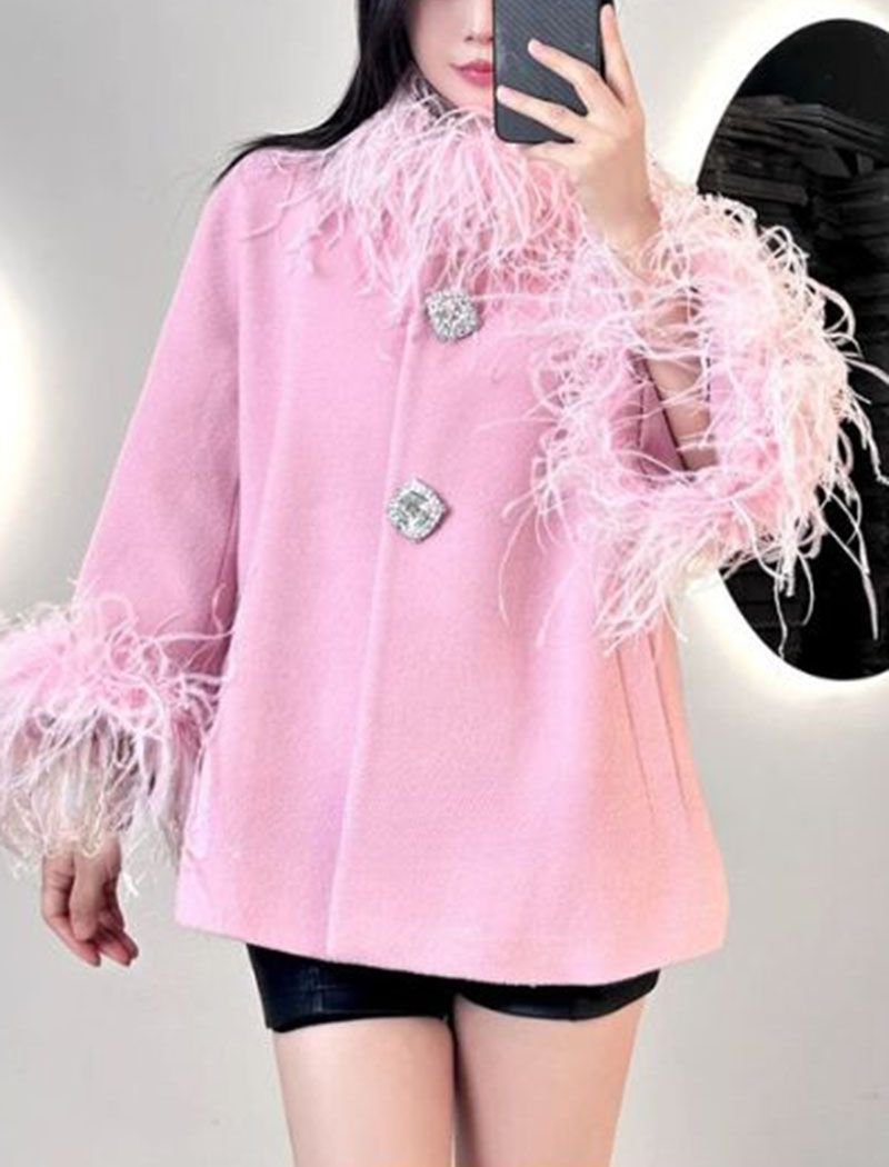 Fluffy Ostrich Feather Collar Woolen Coat - Image 18