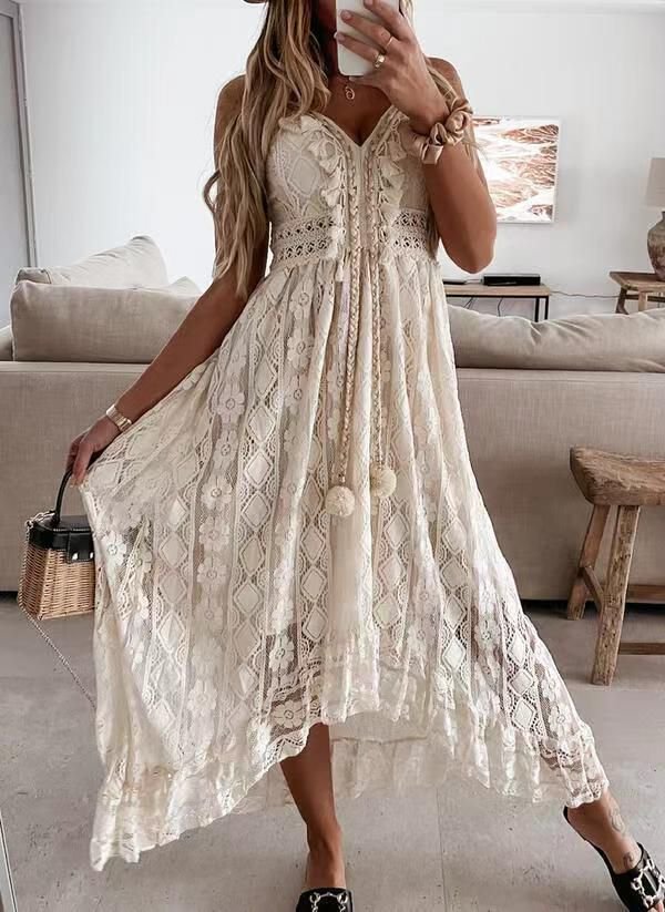 Bohemian Pom Pom Tie Lace High Low White Midi Beach Dress - Image 3