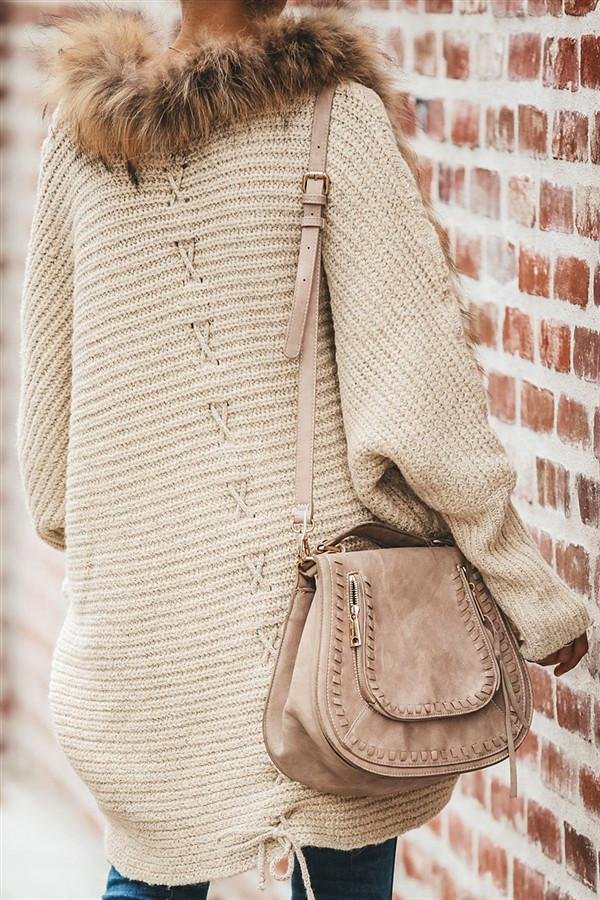 Oversized Furry Fur Collar Trim Batwing Knit Cardigan Sweaters - Image 5