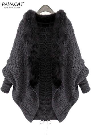 Oversized Furry Fur Collar Trim Batwing Knit Cardigan Sweaters - Image 11