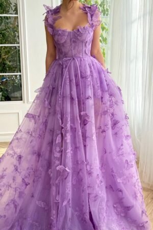 Aesthetic 3D Crochet Butterly Embroidered Tulle Prom Dress