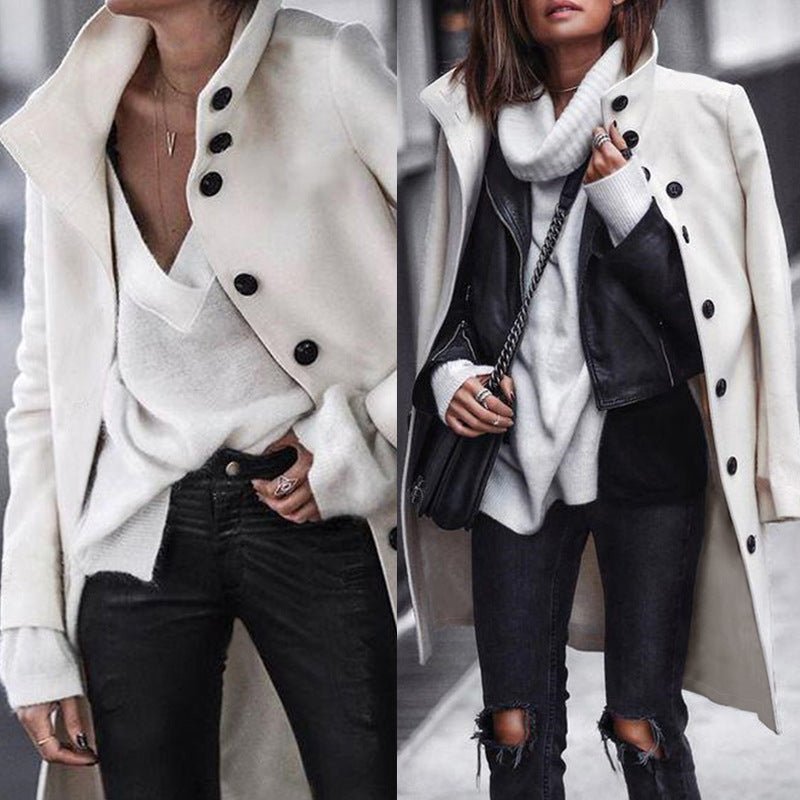Stand Collar Long Woolen Overcoat Womens Winter Peacoat - Image 2