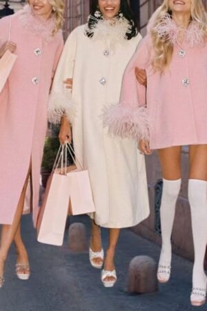 Fluffy Ostrich Feather Collar Woolen Coat