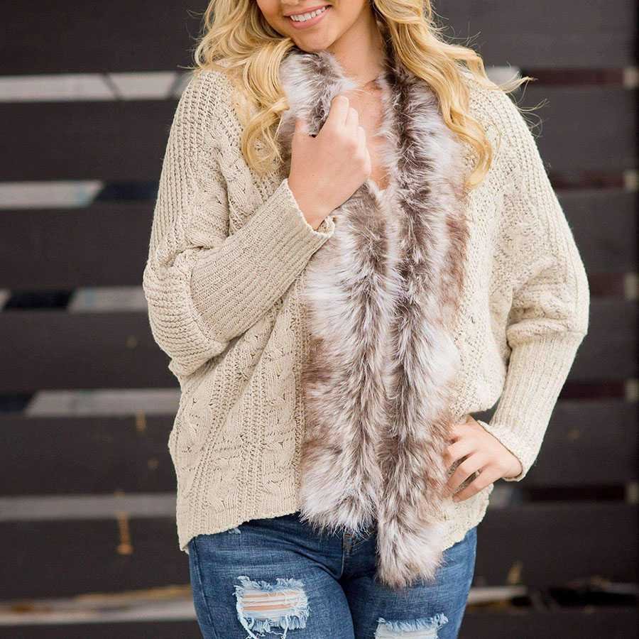 Oversized Furry Fur Collar Trim Batwing Knit Cardigan Sweaters - Image 3