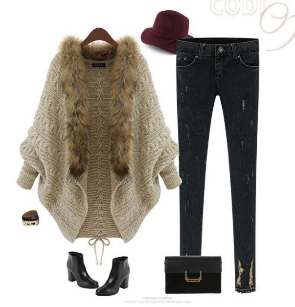 Oversized Furry Fur Collar Trim Batwing Knit Cardigan Sweaters - Image 15