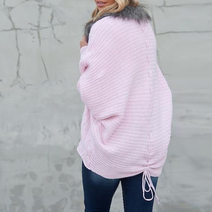 Oversized Furry Fur Collar Trim Batwing Knit Cardigan Sweaters - Image 16
