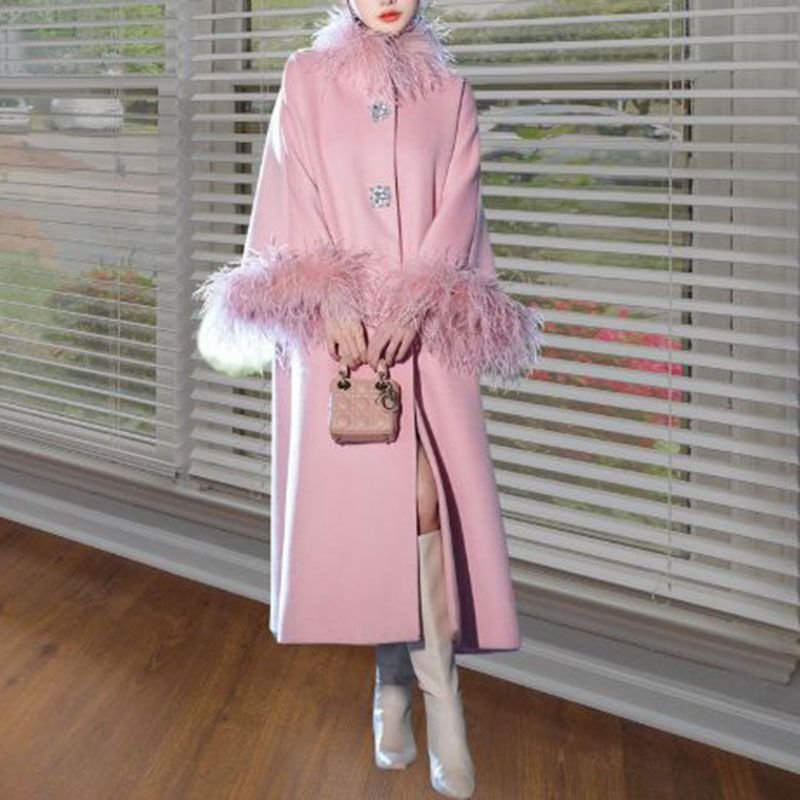 Fluffy Ostrich Feather Collar Woolen Coat - Image 16
