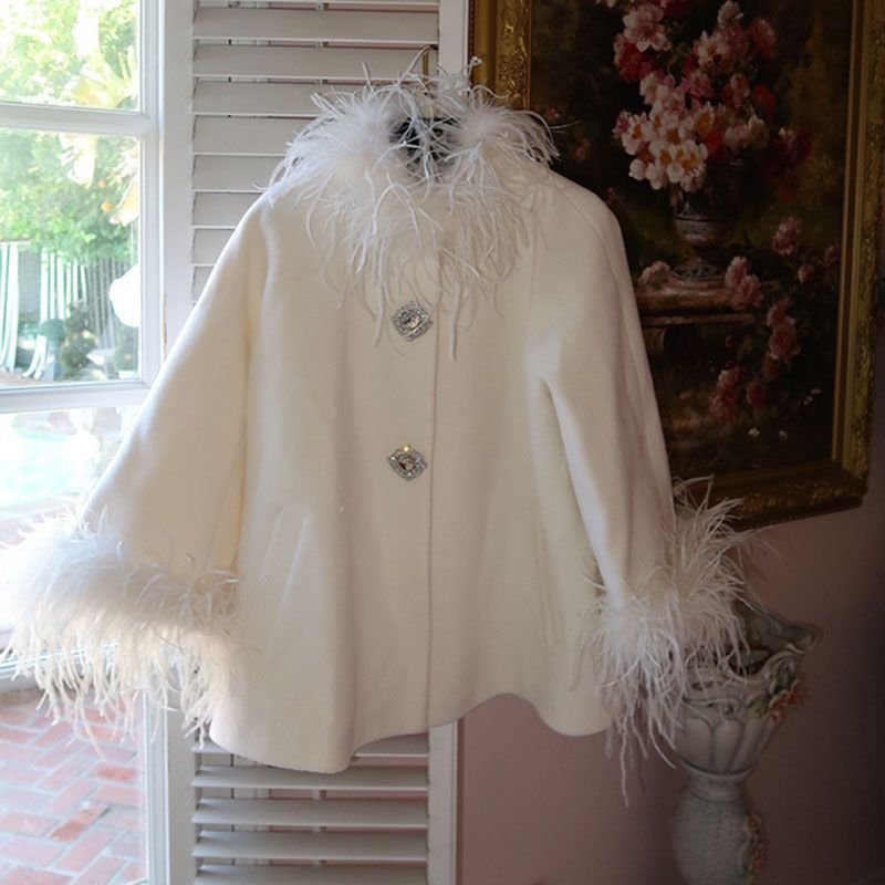 Fluffy Ostrich Feather Collar Woolen Coat - Image 6
