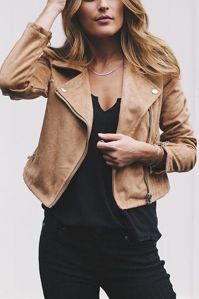 Large Lapel Collar Casual Motoclycle Jacket Zip Up Coat - Image 2