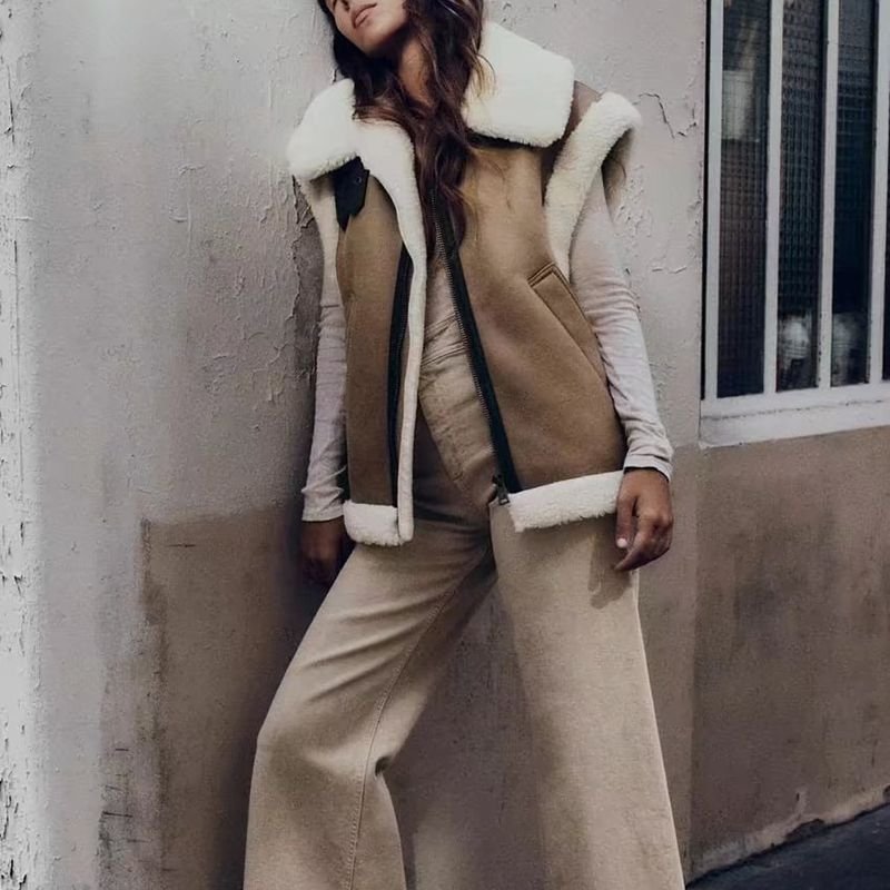 Oversized Pleather Faux Fur Shearling Vest Jacket Fur Collar - Image 7