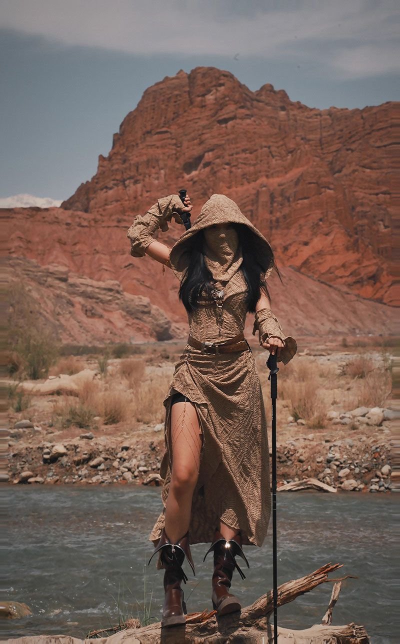 Ancient Tribal Dune Culture Wasteland Punk Vintage Hoodie Split Ruffle Dress - Image 3